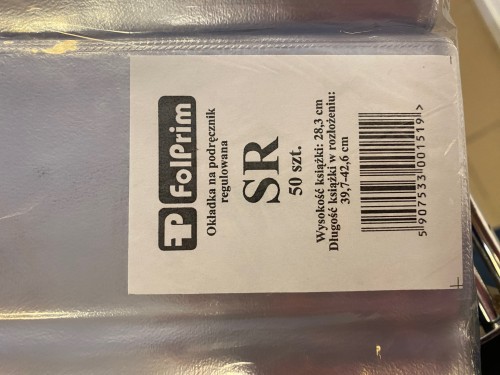 OKŁADKA NA PODRĘCZNIK REGULOWANA/FOLPRIM/ SR          WYSOKOŚĆ: 28,3 cm/DŁUGOŚĆ: 39,7-42,6 cm