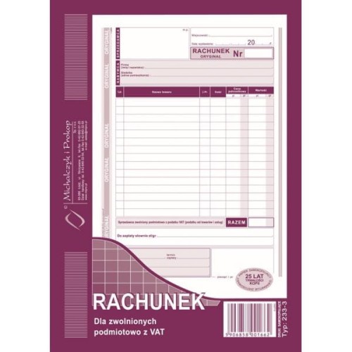 RACHUNEK DLA ZWOLNIONYCH Z VAT A5 PIONOWY 233-3