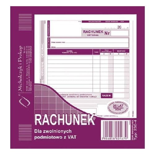 RACHUNEK DLA ZWOLNIONYCH Z VAT 2/3 A5 230-4