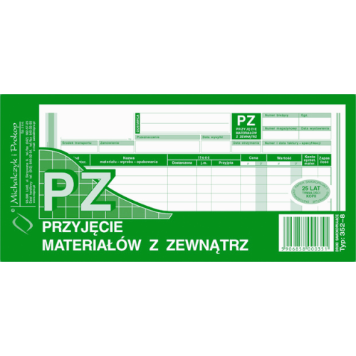 PRZYJĘCIE MATERIAŁÓW Z ZEWNĄTRZ PZ 1/3 A4 352-8