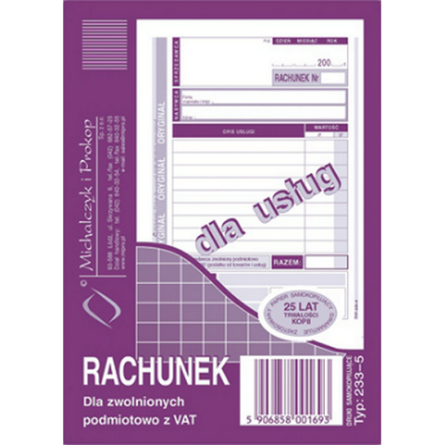RACHUNEK DLA USŁUG ZWOLNIONYCH Z VAT A6 233-5